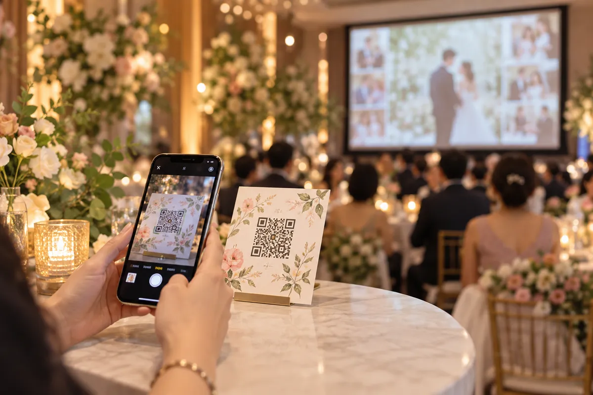 結婚式会場でスマートフォンからQRコードでゲームに参加している様子