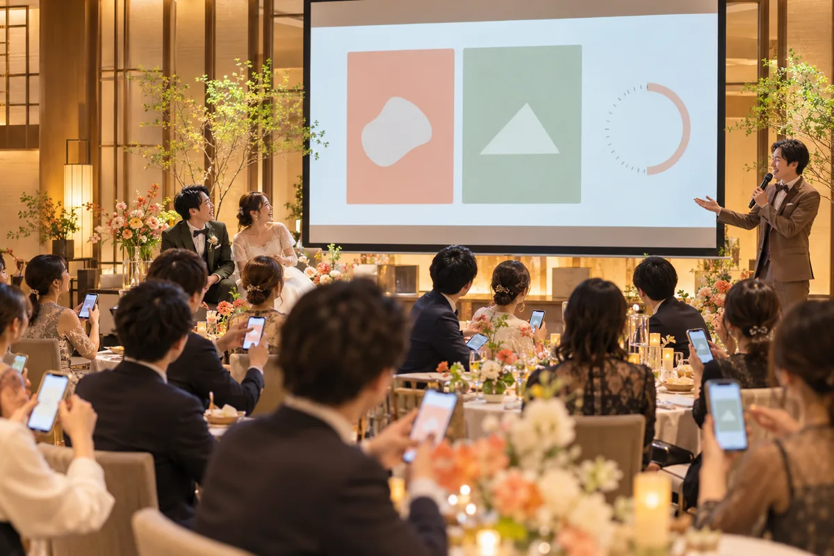 結婚式二次会で新郎新婦とゲストが二択ゲームに参加し、司会者が進行する様子