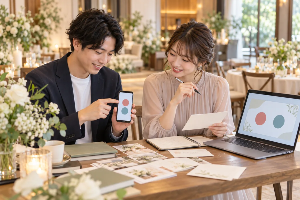 結婚式二次会の幹事がスマートフォン、問題カード、パソコンでクイズの準備をしている様子