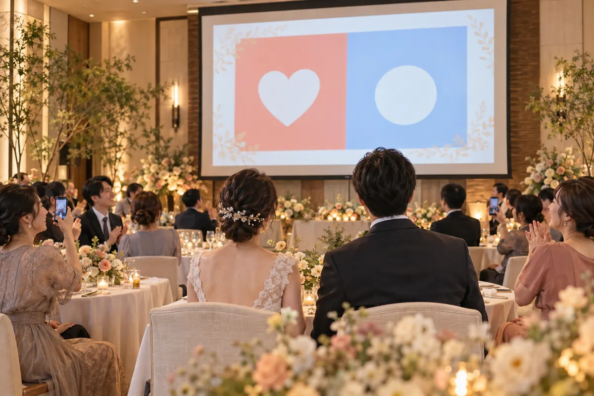 結婚式会場で新郎新婦とゲストがスクリーンの二択ゲームを楽しむ様子
